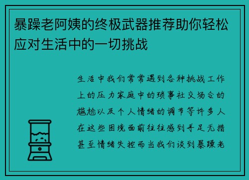 暴躁老阿姨的终极武器推荐助你轻松应对生活中的一切挑战