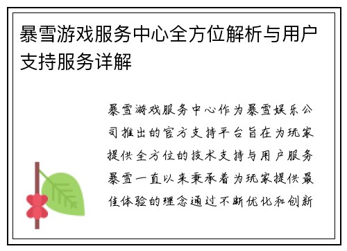 暴雪游戏服务中心全方位解析与用户支持服务详解